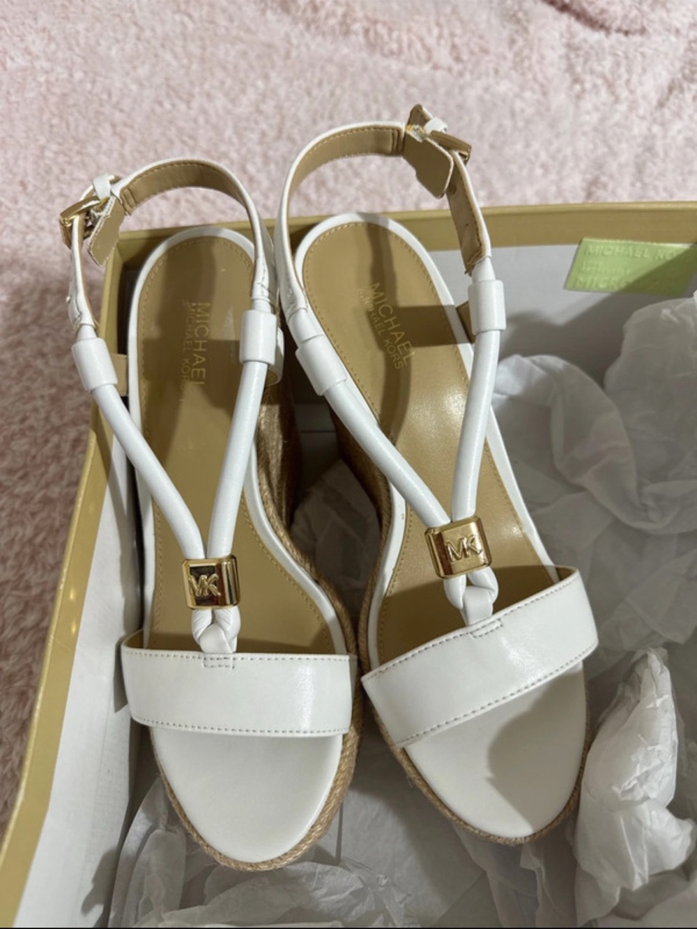 Michael Kors White Leather Braided T-Strap Espadrille Wedges with Gold Accents